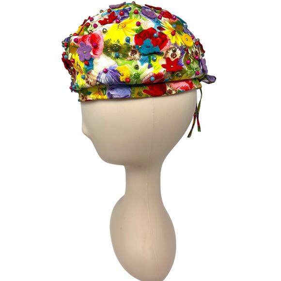 Vintage 1960s Womens Floral Mod Hat Beaded Applique Rozanne NY main image 7